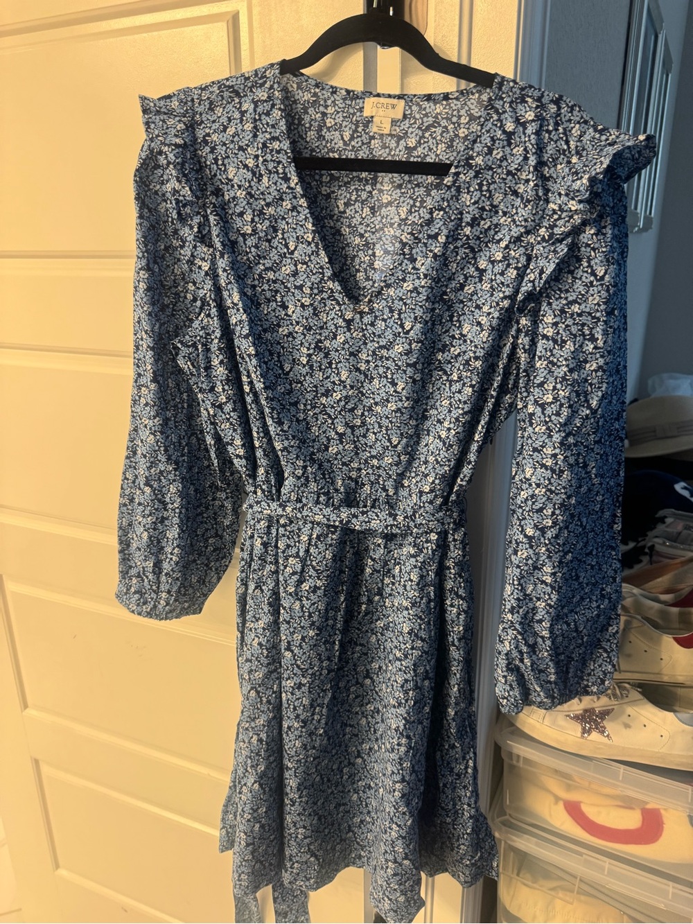 J. Crew Blue Micro-Print V-Neck Long Sleeve Wrap Dress